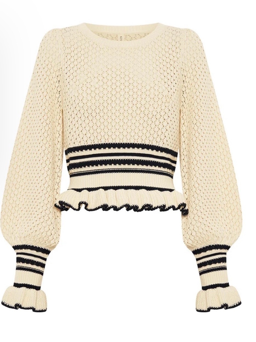 Kivari Cream Knit Peplum Sweater with Black Stripe Trim